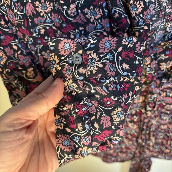 Loft V Neck Tie Front Black Pink Blue Floral Long Sleeve Blouse Flowy XSP Collar - Picture 3 of 8